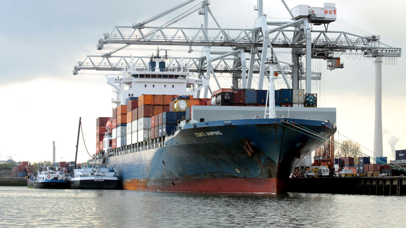 Boxship takes on bunkers, Rotterdam