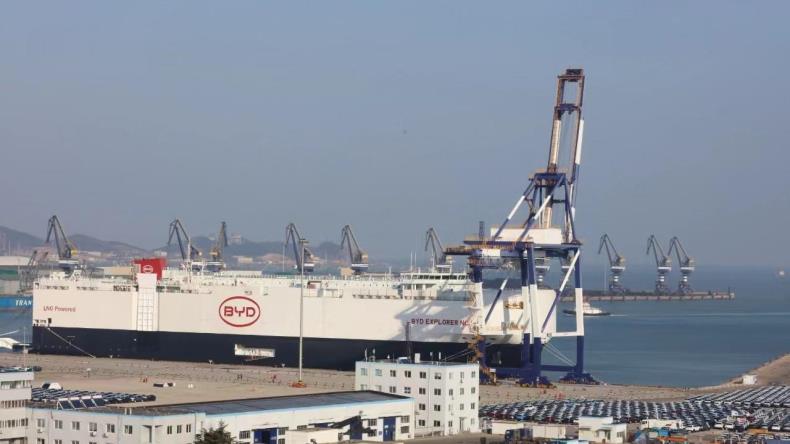 The 7,000 ceu BYD Explorer No.1 berthing at Yantai port prepared to load cargo.