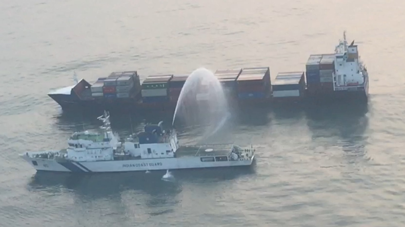 Indian Coast Guard attending X-Press Godavari fire. Credit: Indian Coast Guard