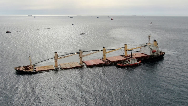 Bulker OS 35 off Gibraltar showing horizon, oil slick and other vessels