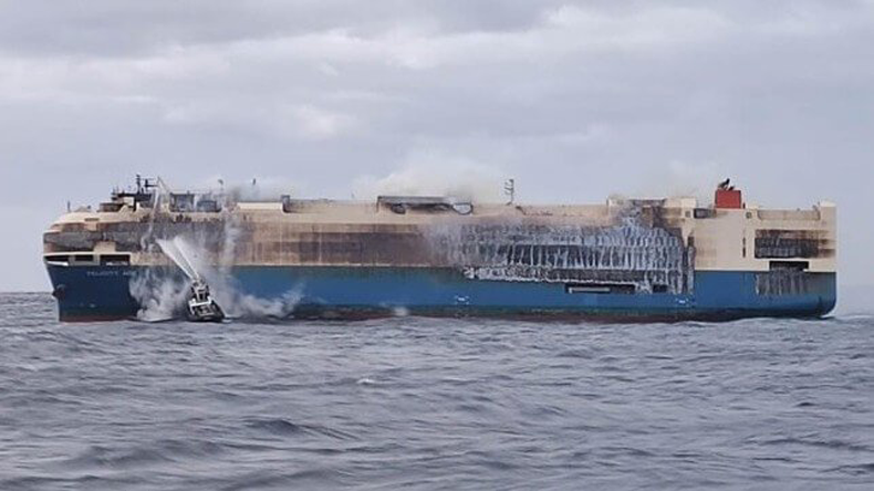 The fire-ravaged Felicity Ace pure car and truck carrier. Picture: Portuguese Navy