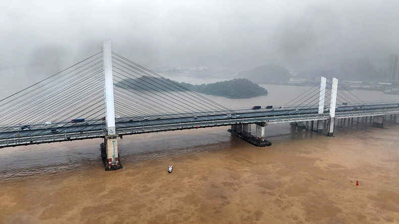 Aerial drone photo of Jiujiang Bridge in China's Guangdong Province. Four people were missing after a vessel collided with a bridge