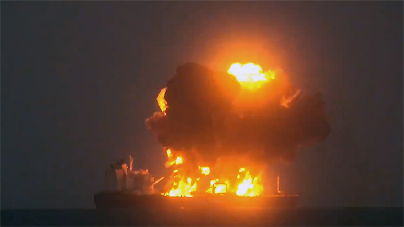 Explosion and fire on an oil tanker at sea