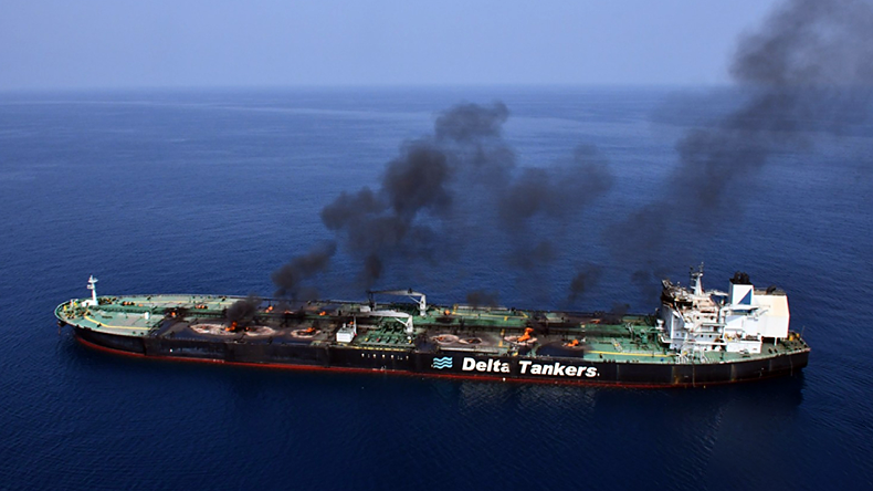 Sounion tanker at sea with black smoke from deck