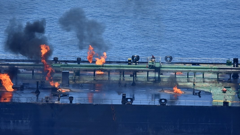 Sounion tanker deck with many small flames and black smoke