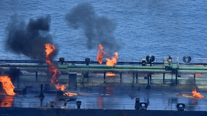 Close up of tanker deck with flames