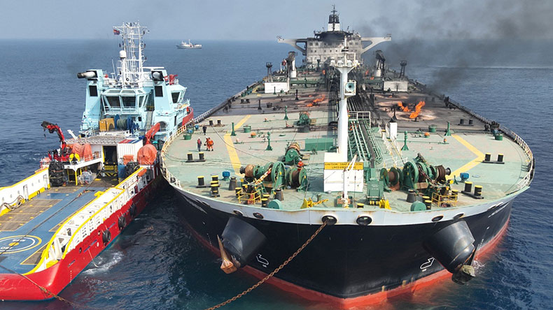 Sounion tanker with fires almost extinguished