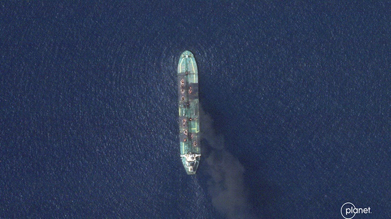 Satellite view of tanker Sounion burning in Red Sea