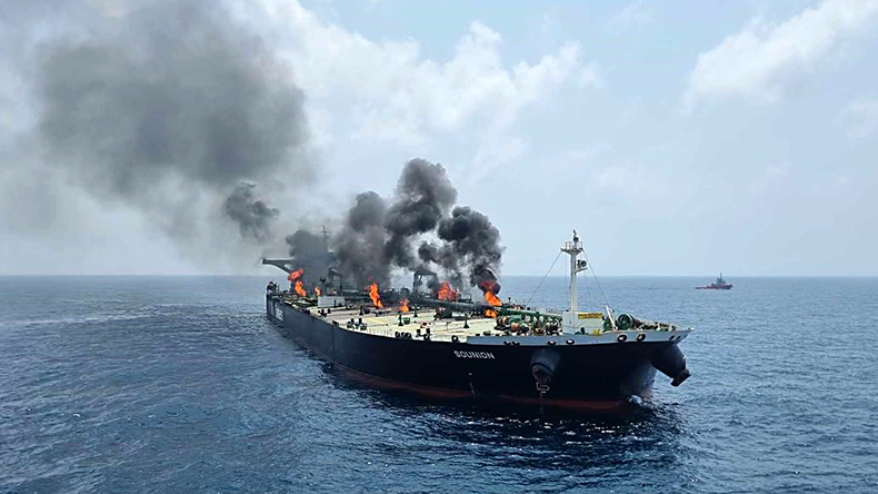 Sounion tanker with smouldering fires