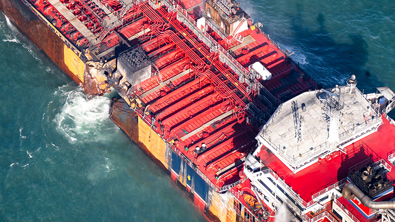 Aerial view of Stena Immaculate oil tanker at anchor in the Humber Estuary, following a collision with Solong containership