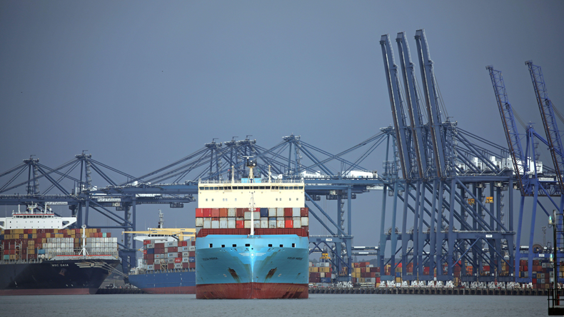The 3,600 teu Volga Maersk at Felixstowe