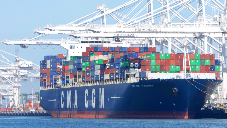 Containership CMA CGM Thalassa loading at the port of Oakland in US