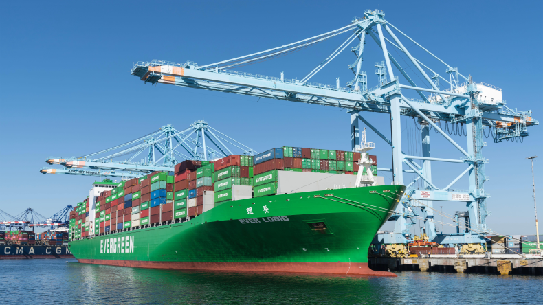 Evergreen container ship in the port of Los Angeles