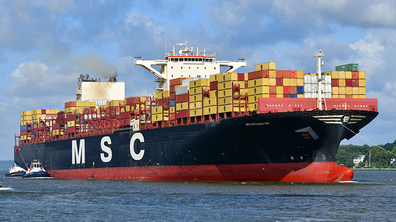 Boxship MSC Natasha XIII arriving at port with tugs on a sunny day