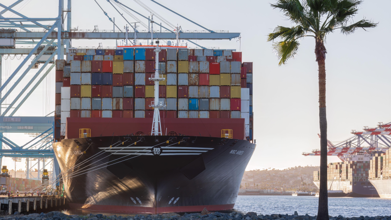 Container ship MSC Aries shown docked at APM Terminals in the Port of Los Angeles.