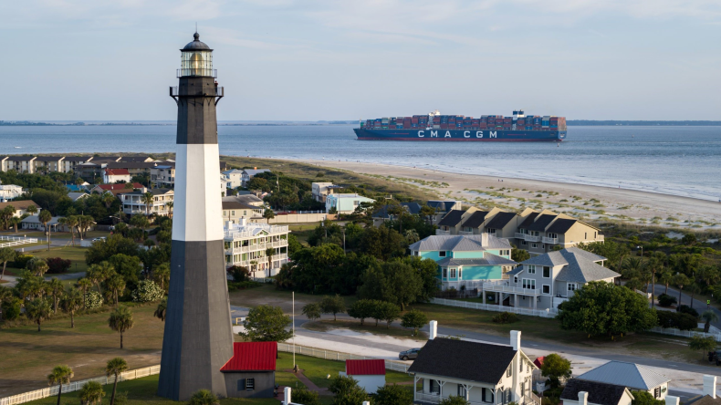 Containership off coast of Tybee Island, Georgia, en route to Savannah