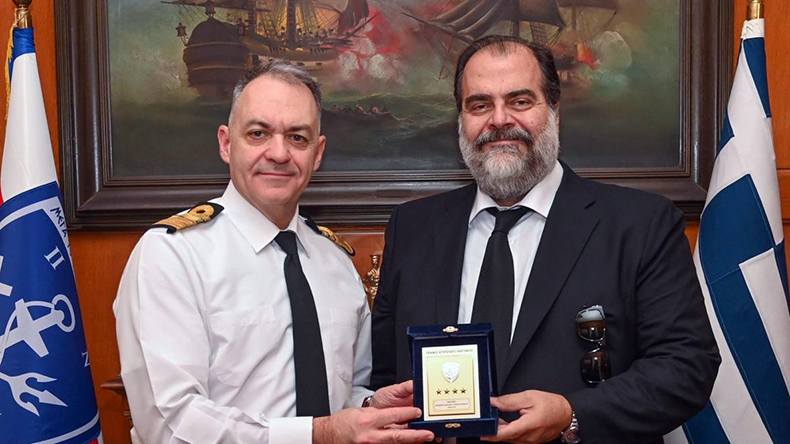Nikos Pateras (right) earlier this month being recognised for his support for the Hellenic Navy by the chief of the navy, vice admiral Dimitrios-Eleftherios Kataras