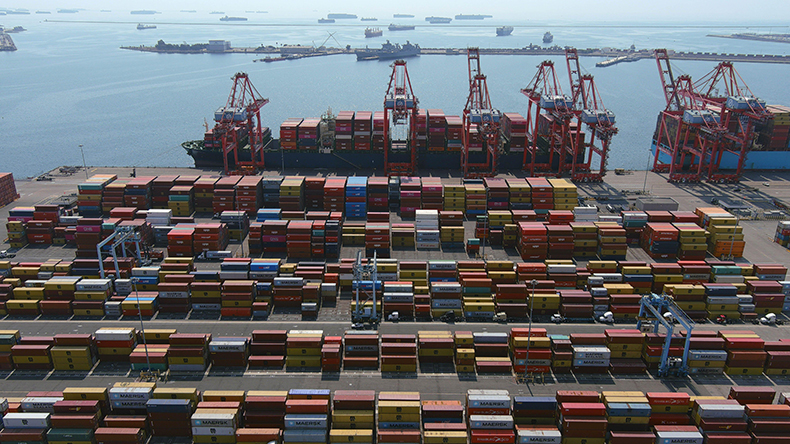 Containerships backlogged waiting to dock at the port of Long Beach
