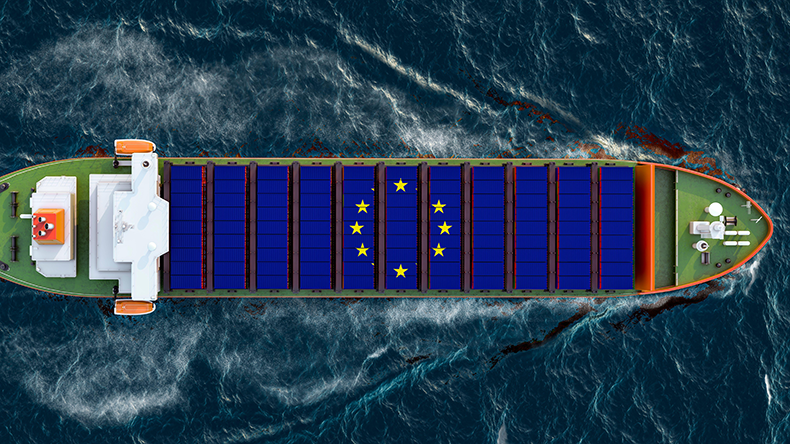 Ship with the European Union flag containers on ocean, 3D rendering