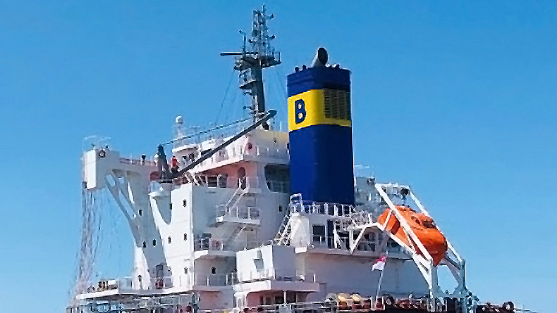 Logo on funnel of Compagnie Maritime Belge vessel CMB Permeke