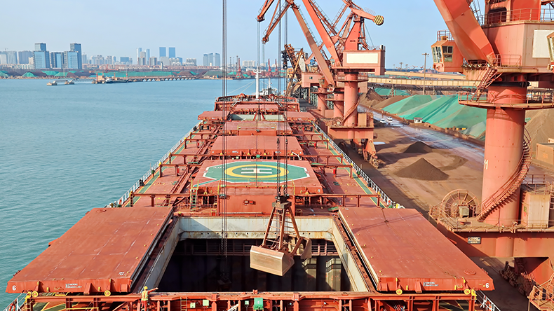 Cargo terminal and cranes, berths for transhipment of bulk cargo iron ore at port Rizhao, China