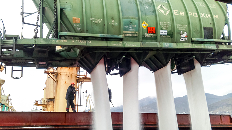 Loading of mineral fertilisers in the ship’s hold in Novorossiysk, Russia