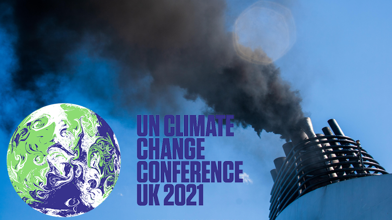 COP26 logo and funnel smoke. Main image: Alamy Stock Photo