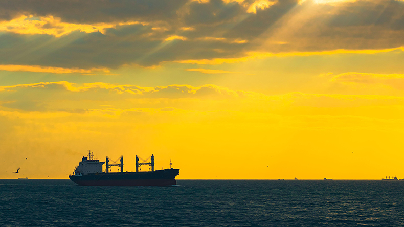 Bulker sailing set against yellow sky
