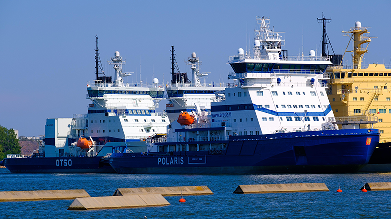 Finnish icebreakers moored at Katajanokka port in Helsinki.