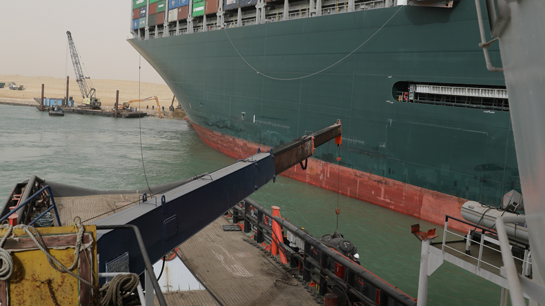 Tug deck view of Ever Given. Credit Suez Canal Authority