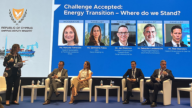Speakers at Cyprus Shipping conference from left: Jan Dieleman, Semiramis Paliou, Roel Hoenders and Sebastien Landerretche