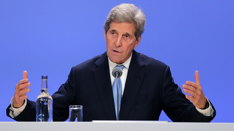 John Kerry on stage at COP26. Credit Allstar Picture Library Ltd / Alamy Stock Photo