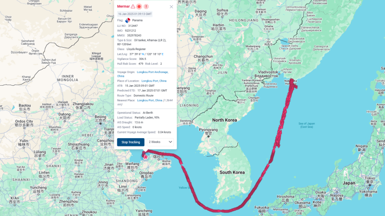Mermar sailed from Russia Far East and docked at Long Kou in Shandong, China