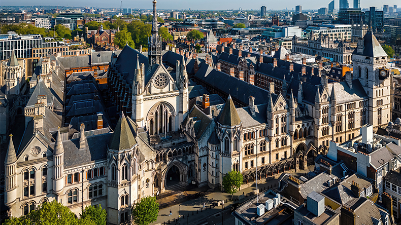 Aerial view of the historic Royal Courts of Justice in London