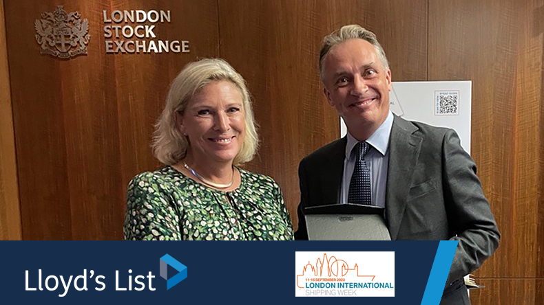 Baroness Vere and LSEG's Tom Attenborough receiving an award