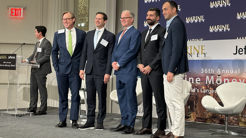 Marine Money 2024 shipping funds panel Nicolas Tirogalas, Tufton Investment Management; Atef Abou Merhi, Pelagic Partners; Andy Tuchman, Partner, Blue Ocean Partners