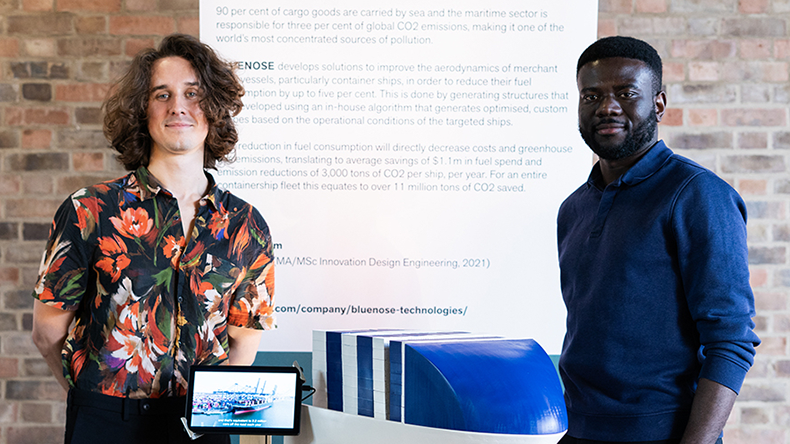 BlueNose co-founders Léon Grillet (left) and Joë Sangar, with model of aerodynamic structure on a vessel