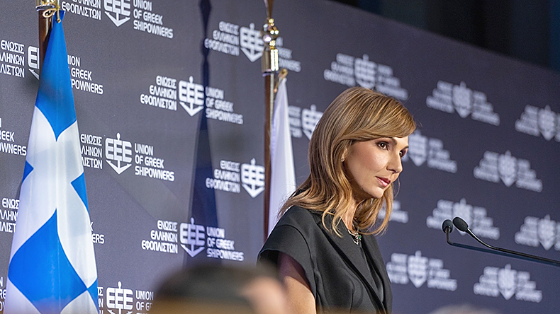 Melina Travlos speaking at the Union of Greek Shipowners AGM 2025