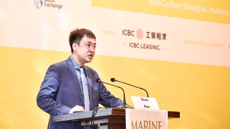 Zhao Kuo, head of ship leasing department at Minsheng Financial Leasing,  giving a speech at the Marine Money event in China. November, 2023.