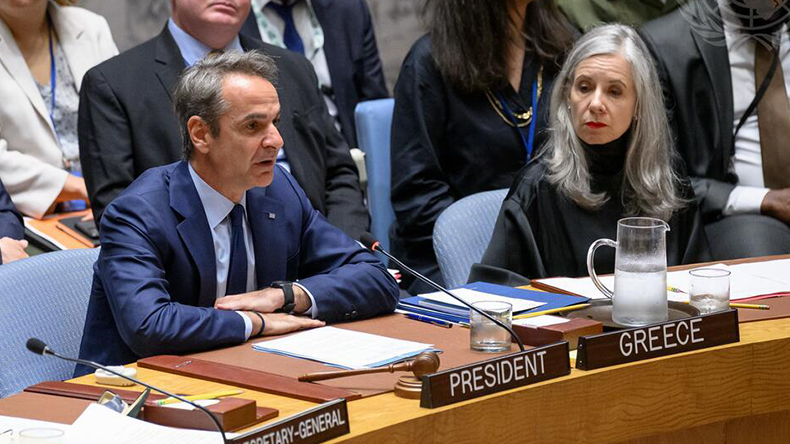UN Security Council, Kyriakos Mitsotakis, Prime Minister of the Hellenic Republic on right is Claudia Banz, Director of the Security Council Affairs Division of the Department of Political and Peacebuilding Affairs