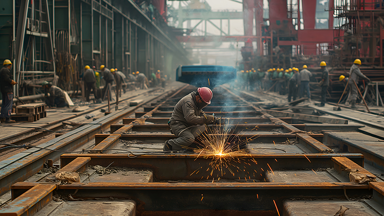 Chinese worker welding steel beams for ship construction