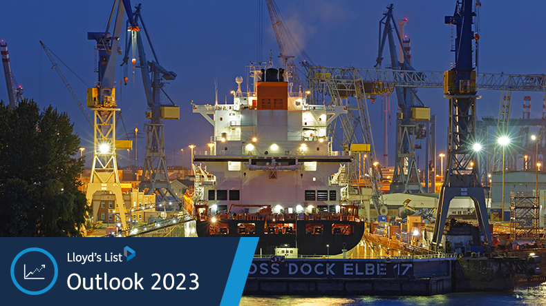 Containership in drydock