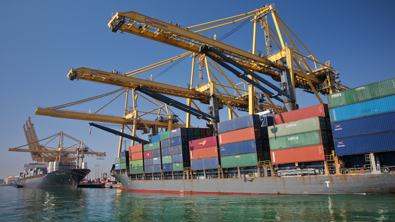 Containerships alongside cranes at port
