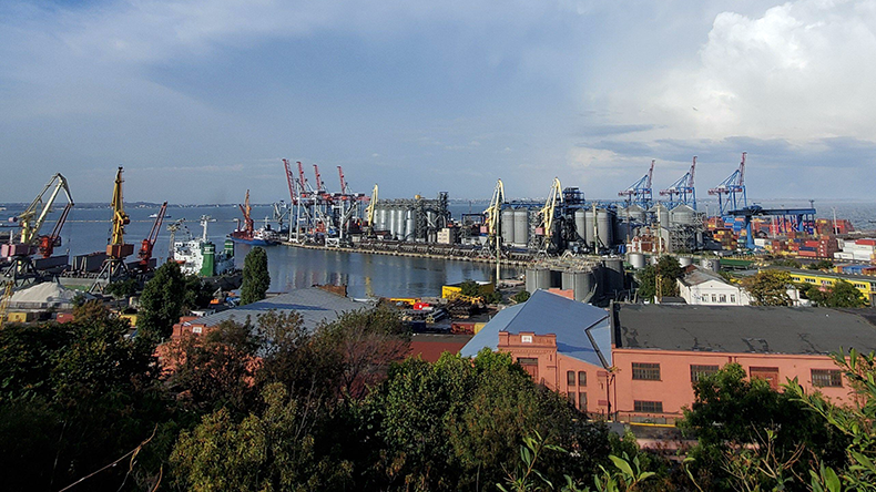 Odesa port harbour with grain elevator terminal and container area