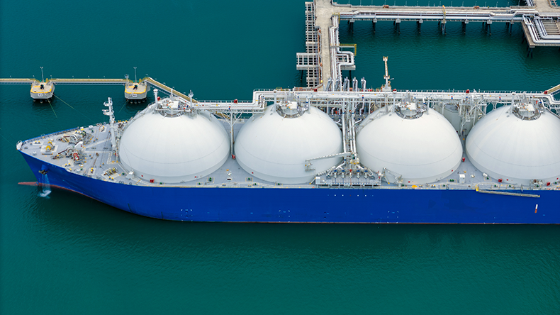 Liquified natural gas tanker anchored in gas terminal gas