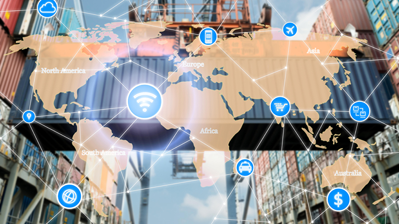 Containers at port using digitalisation and technology on world map