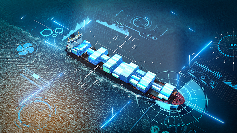 Global logistics international delivery concept with world map and containership