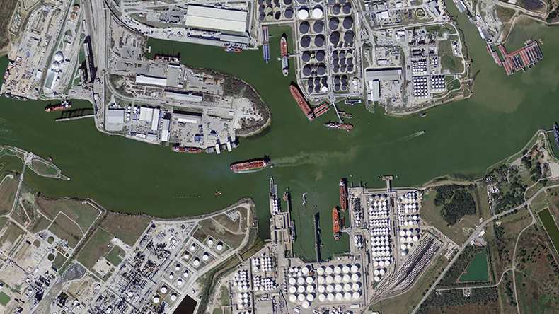 Aerial view above ship channel at Port Houston