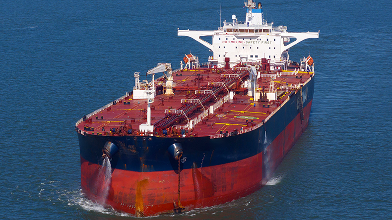 Suezmax crude oil tanker Sofia at sea, view from the bow