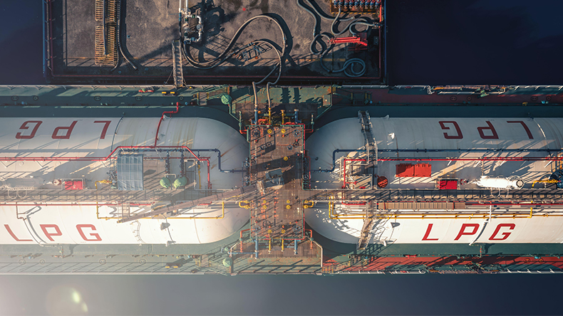 Aerial view of red and white LPG tanker ship
